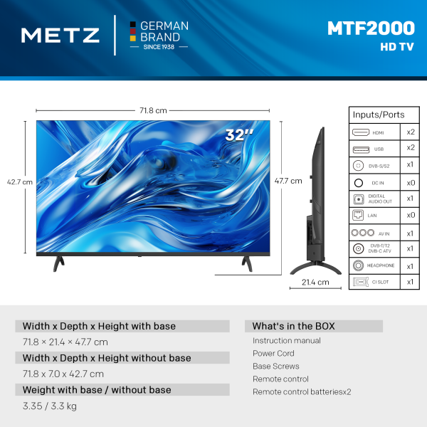 METZ Телевизор 32" LED HD TV 1366x768, 2x10W 3