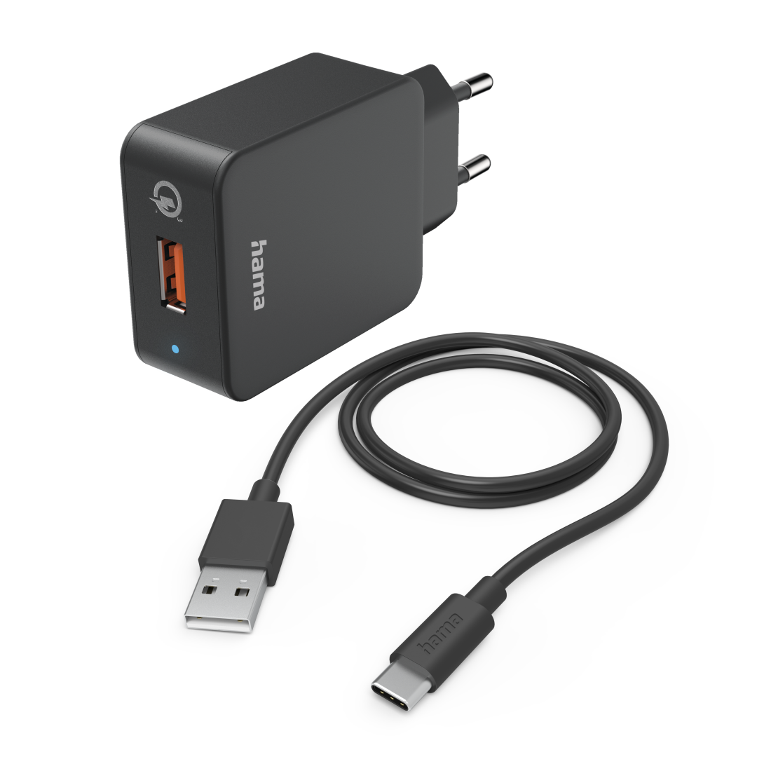 Мрежово зарядно HAMA, 220V, USB-C, Qualcomm, Quick Charge, 19.5W, Вкл. кабел, Черен 1