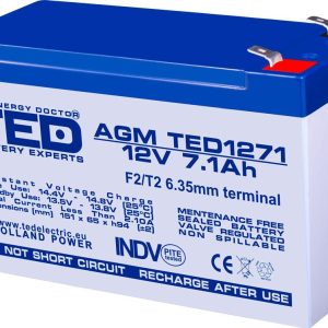 Оловна батерия TED ELECTRIC, AGM, 12V, 7Ah, 151/ 65/ 94 mm, Терминал2 1