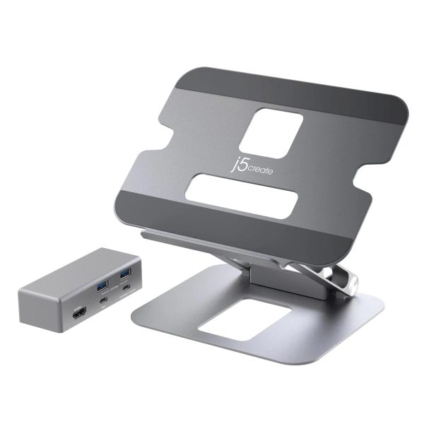 Поставка за лаптоп с докинг станция j5create JTS327, до 16", USB-C, 4K 2