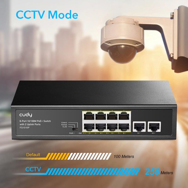 Суич Cudy FS1010P, 8 портов, 10/100, PoE+ Switch 120W, 2 x Uplink порта 4