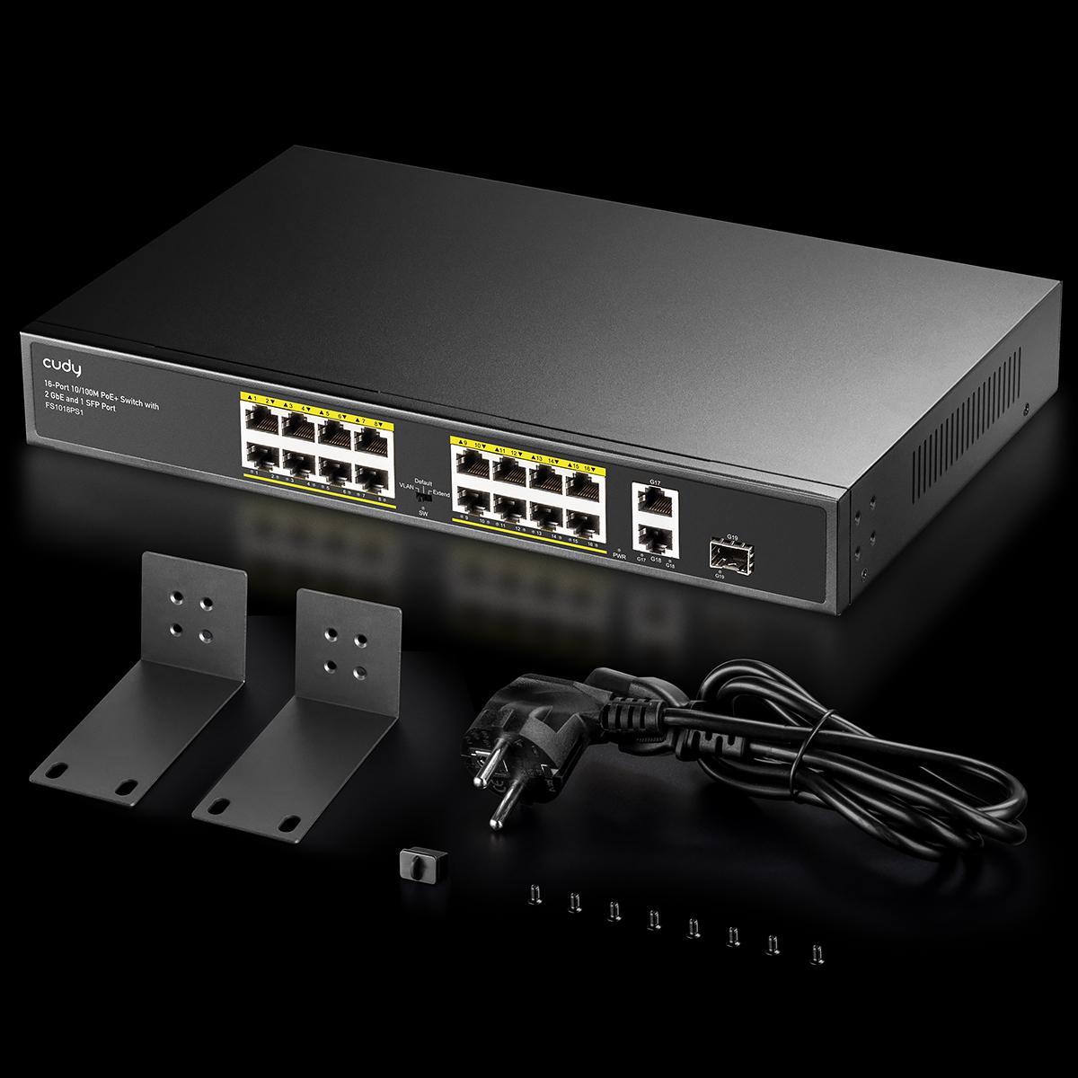 Суич Cudy FS1018PS1, 16 x 10/100 PoE+ Switch 190W, 2 x Gigabit порта, 1 x SFP Slot 5