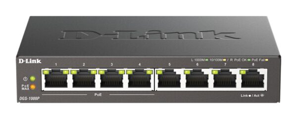 Суич D-Link DGS-1008P, 4x PoE + 4 x стандартни, 10/100/1000, Gigabit, 1