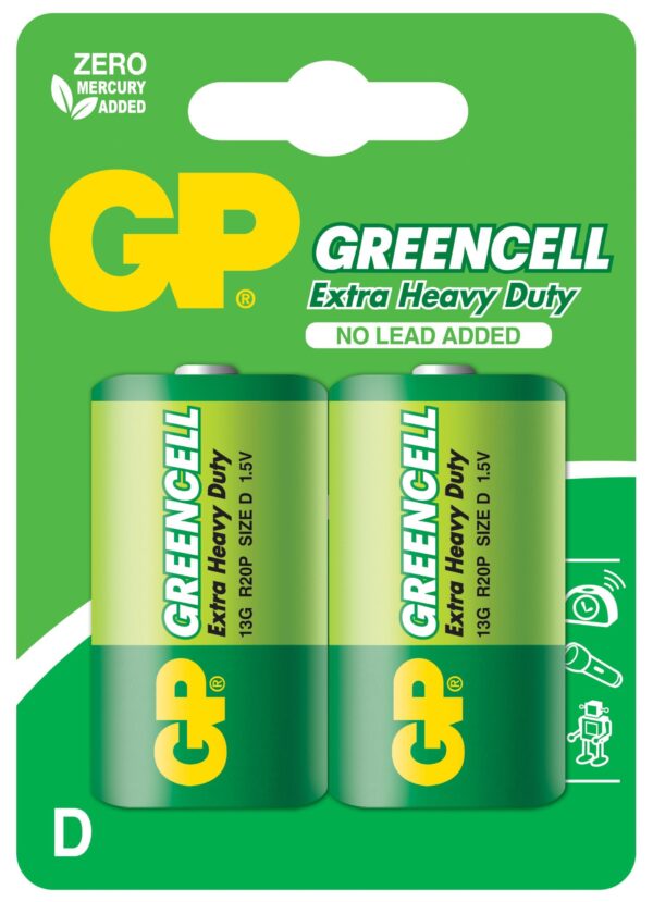 Цинк карбонова батерия GP R20, Greencell 13G-U2, 2 бр. в опаковка, blister, 1.5V 1