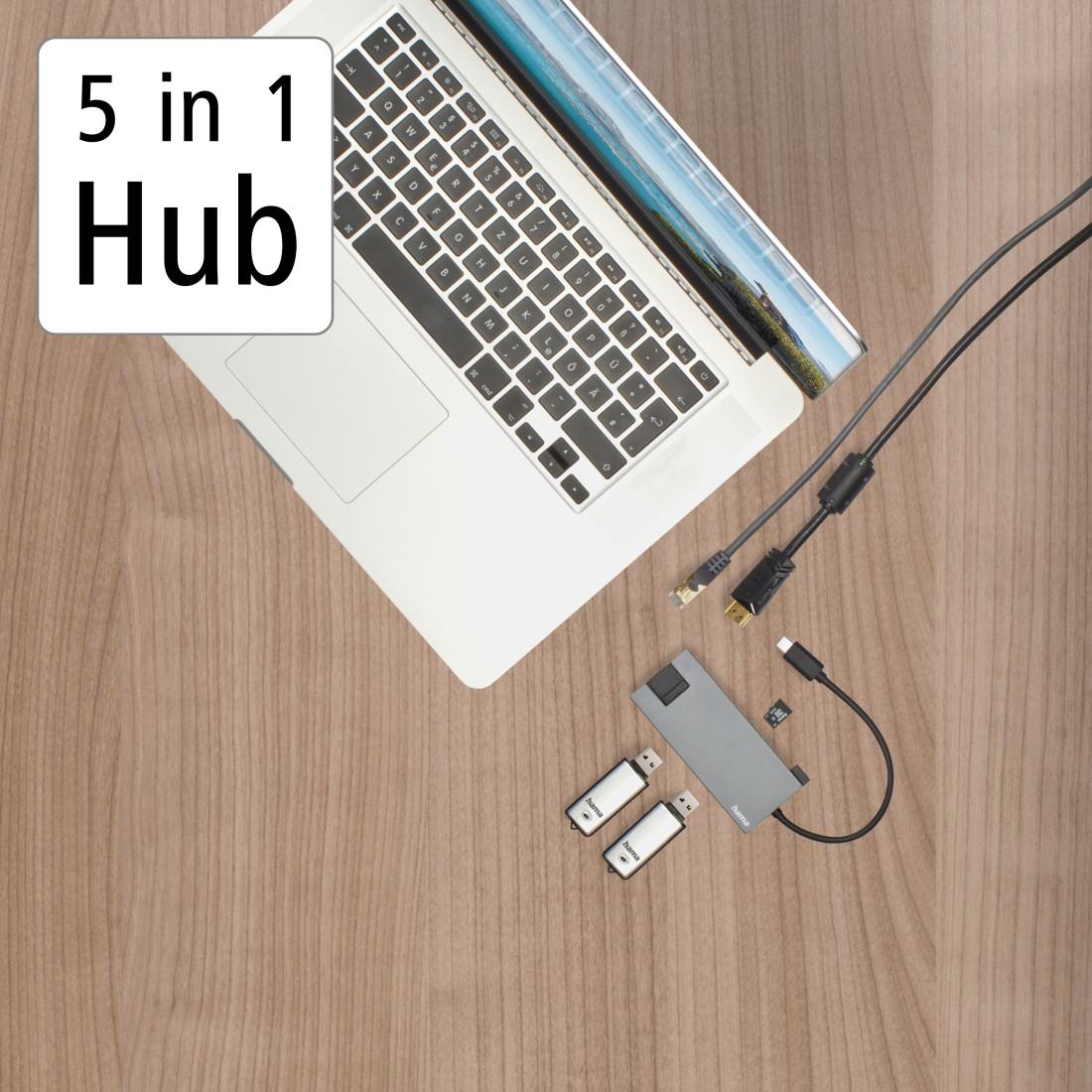 USB-C хъб, 5-портов, 2 x USB-A, 1 x USB-C, 1 x HDMI, 1х LAN, Сив 5