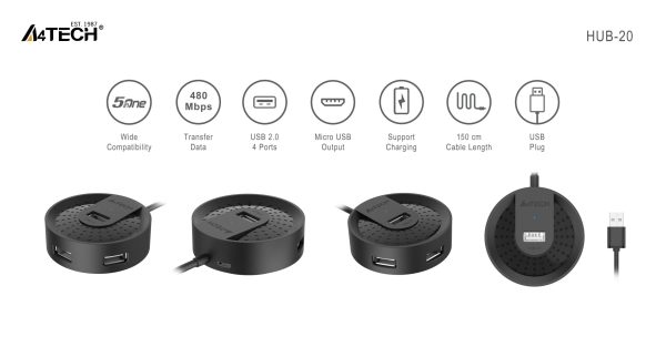 USB хъб A4tech HUB-20, 4 портов, USB 2.0 4
