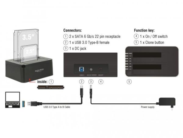 Външна докинг станция Delock 62661, за 2.5"/3.5" HDD/SSD, USB 3.0, Функция за клониране, Черен 2