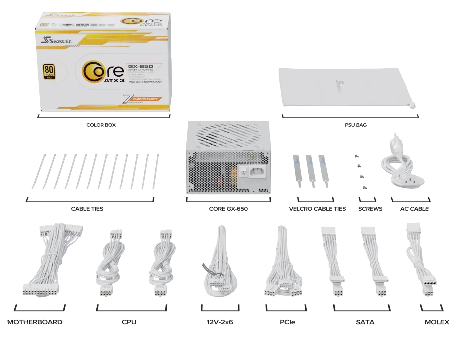 Захранващ блок Seasonic CORE GX White 650W 80+ Gold, Fully Modular, ATX 3.1, PCIe 5.1 9