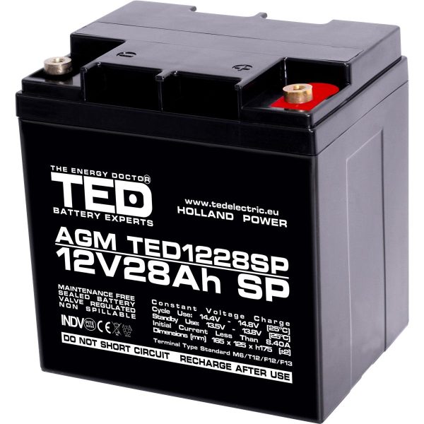 Оловна батерия AGM  12V / 26 Ah/28,5Ah  - 166 / 176 / 125mm терминал F13(M5) TED ELECTRIC 1