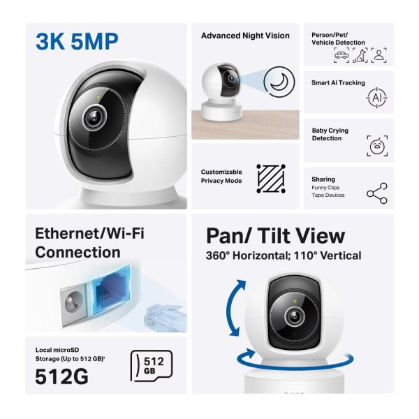 Домашна охранителна WiFi камера TP-Link Tapo C232, 3K 5Mp  с AI, Pan/Tilt, LAN, WiFi,SDmicro, нощно виждане 4