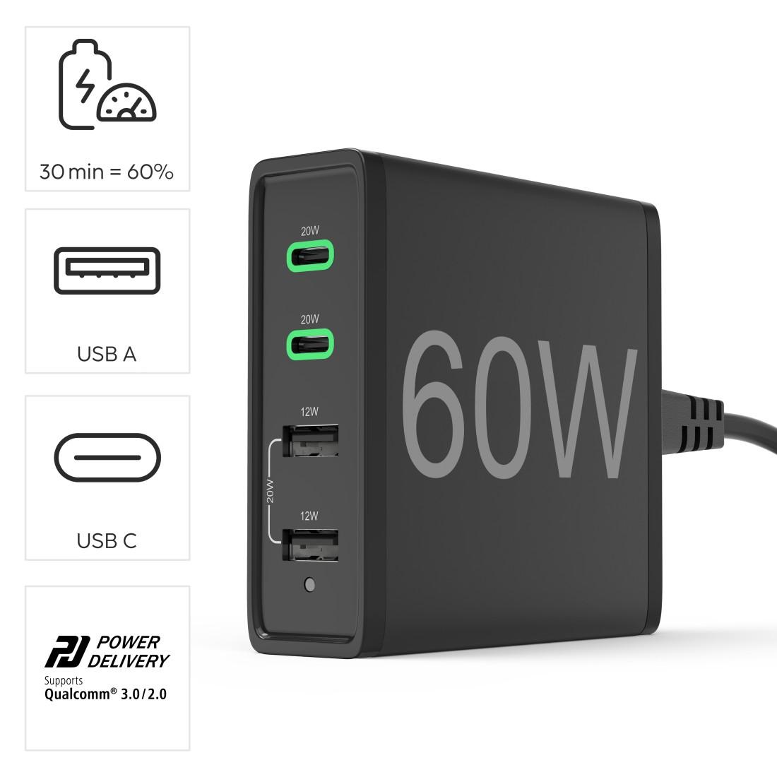 HAMA Зарядна станция 4 порта, 60W, 2 x USB-C, 2 x USB-A, PD, Fast Charge 10