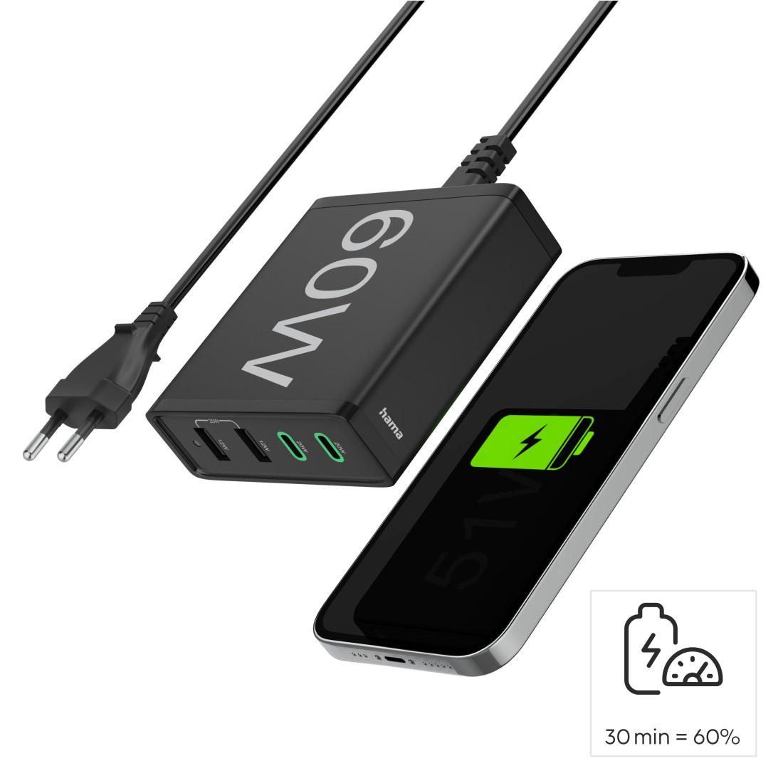 HAMA Зарядна станция 4 порта, 60W, 2 x USB-C, 2 x USB-A, PD, Fast Charge 15