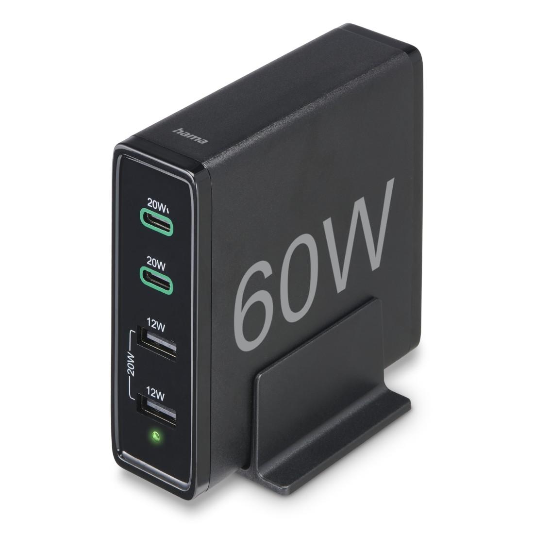 HAMA Зарядна станция 4 порта, 60W, 2 x USB-C, 2 x USB-A, PD, Fast Charge 9