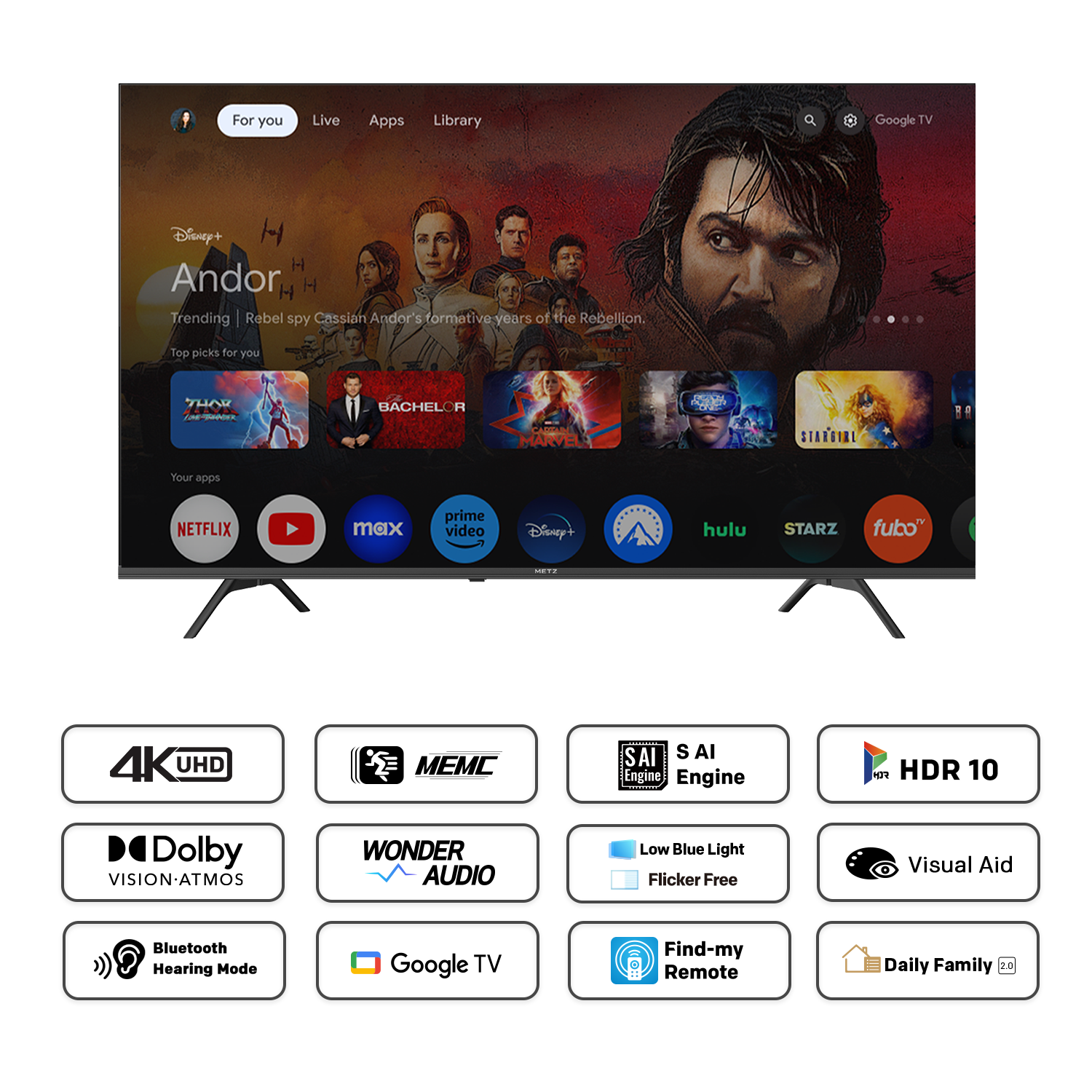 METZ Телевизор 55" UHD LED SMART TV,4K, Google TV, Frameless,2x10W 3