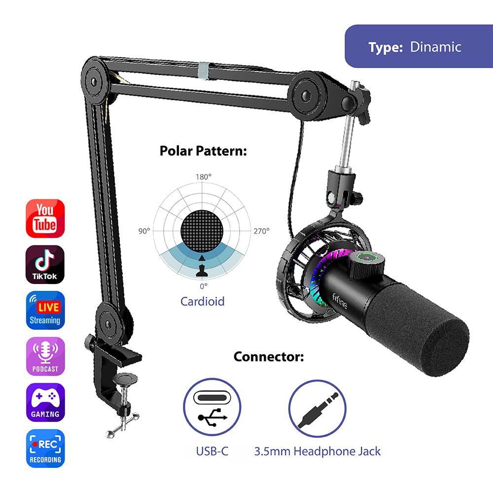 Микрофон със стойка FIFINE T658 Dynamic RGB - Black 4