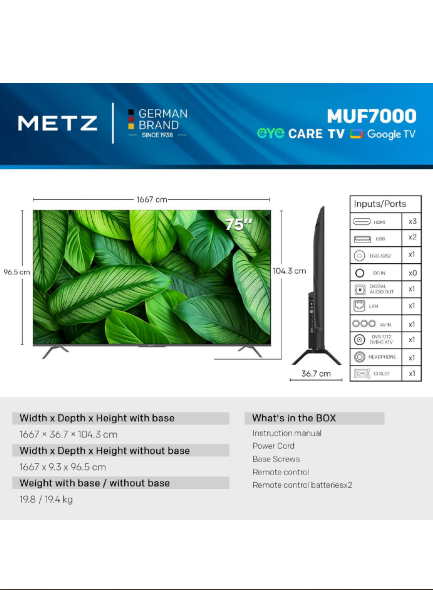 METZ Телевизор 75" UHD LED SMART TV, 4K, Google TV, Frameless 4