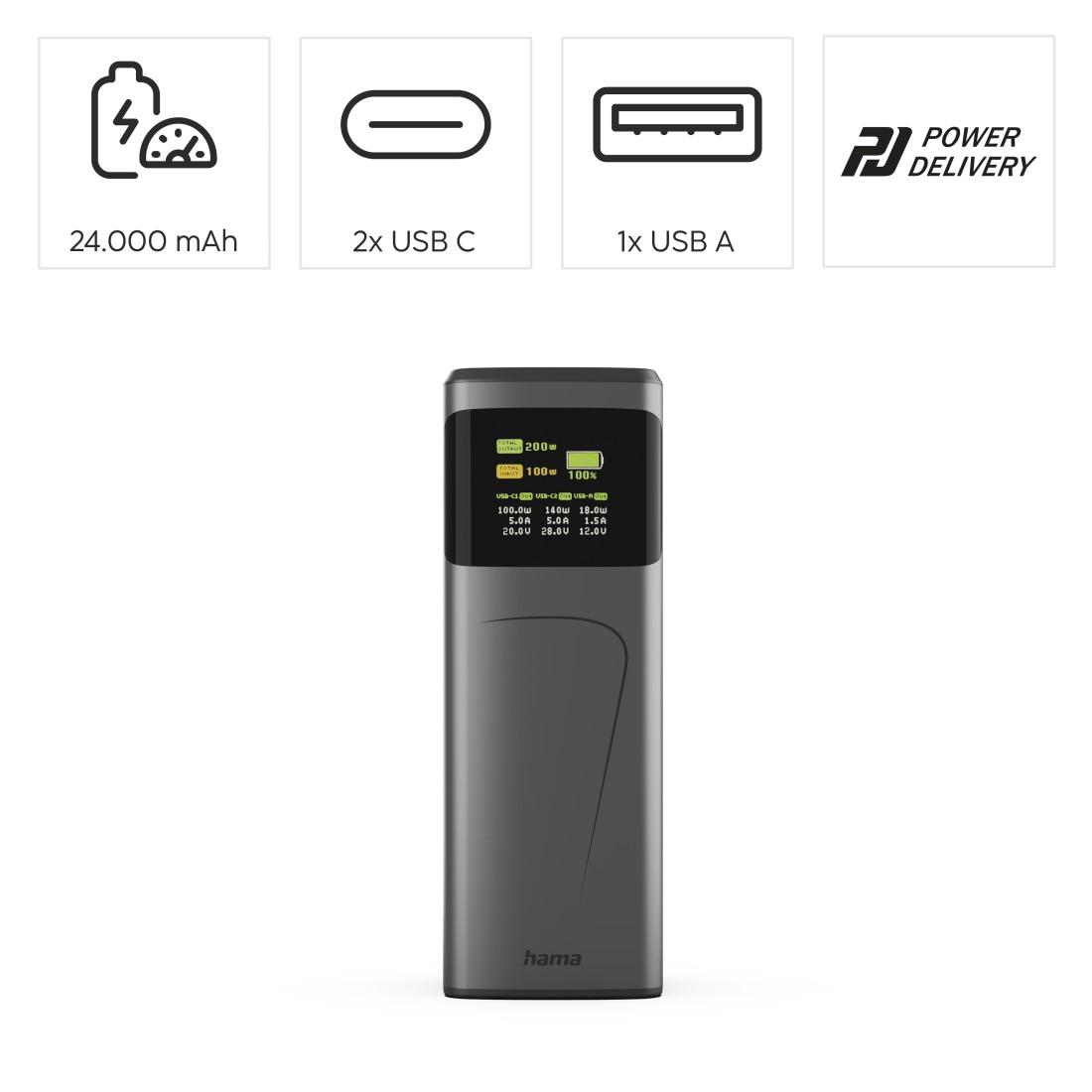 HAMA Външна батерия „High Power“, 200 W, 24000 mAh, 2x USB-C, USB-A, бързо зареждане 15