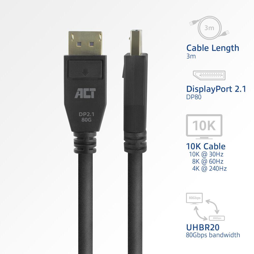 ACT Кабел Display port 2.1 мъжко - HDMI-A мъжко, 3м, черен, булк опаковка 2