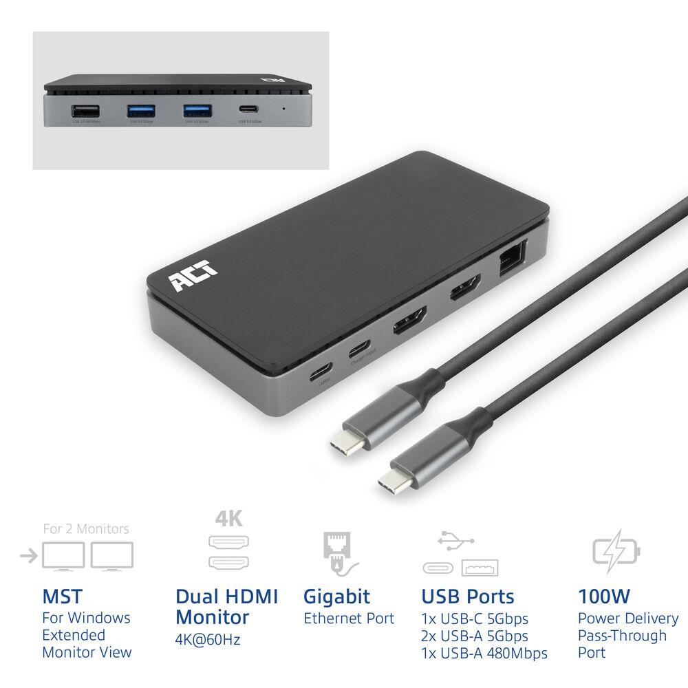 ACT Докинг станция USB-C, 4K, 2 x HDMI, Ethernet, USB-C, 3x USB-A 2