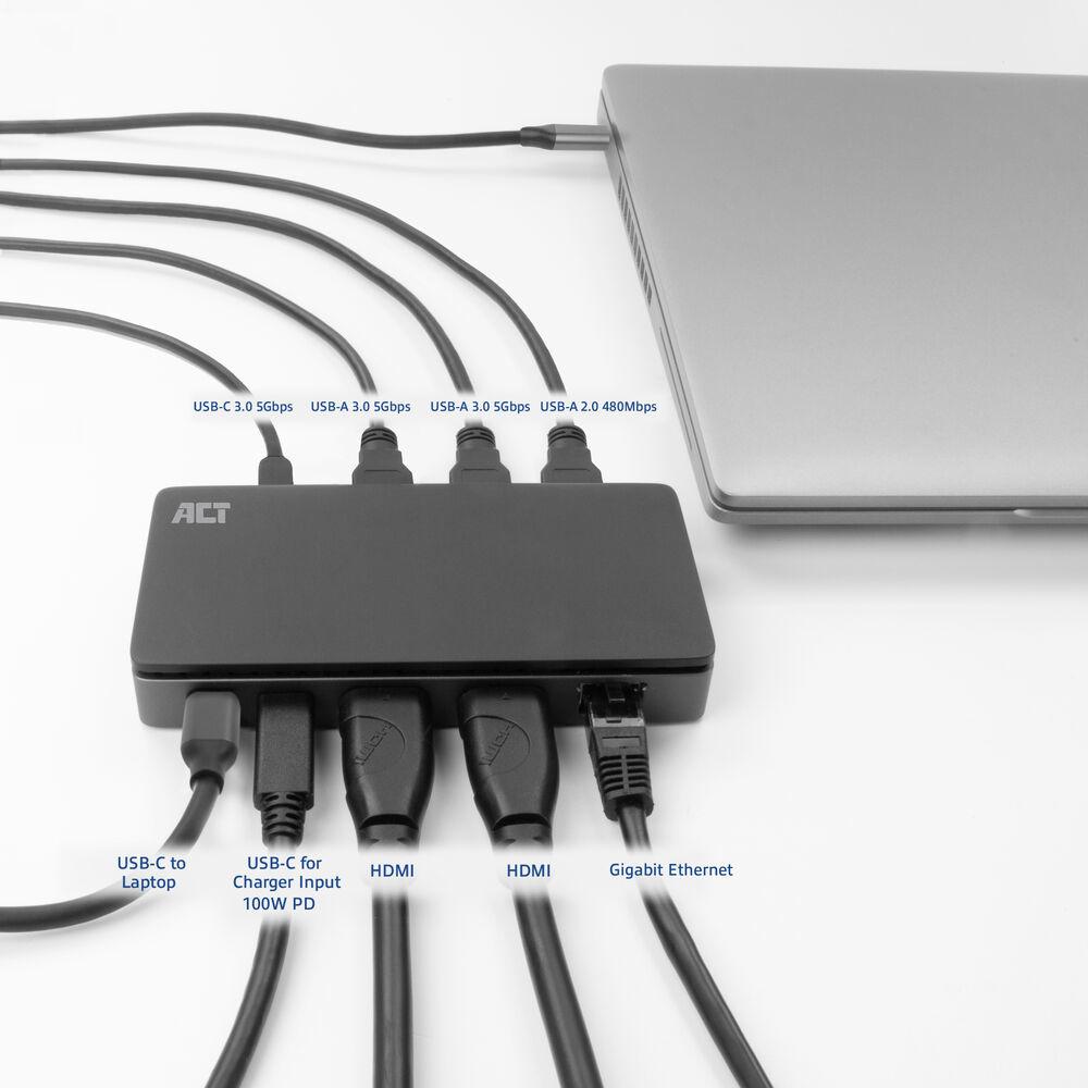 ACT Докинг станция USB-C, 4K, 2 x HDMI, Ethernet, USB-C, 3x USB-A 4