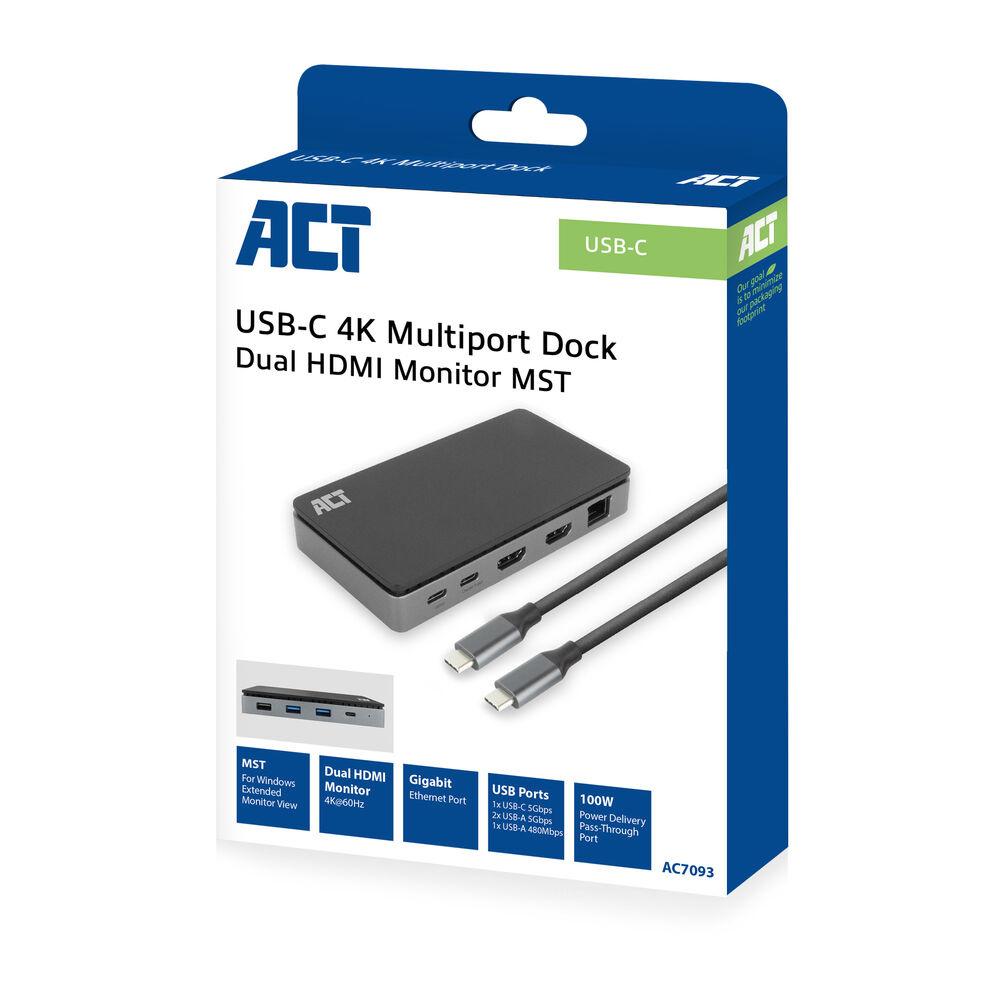 ACT Докинг станция USB-C, 4K, 2 x HDMI, Ethernet, USB-C, 3x USB-A 6