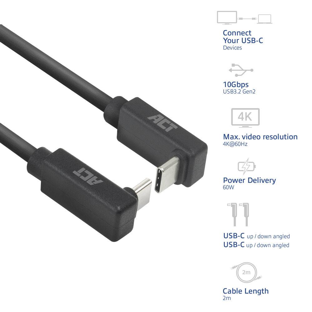 ACT Кабел USB-C - USB-C, 2м, 10Gbps 60W, ъглов нагоре/надолу 2